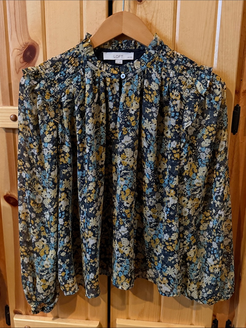 LOFT Navy Floral Ruffle-Neck Blouse with Mustard & Light Blue Accents medium pet